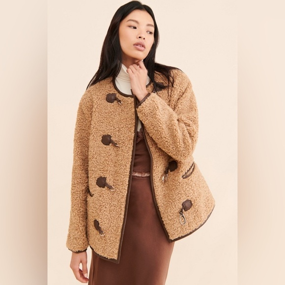 Avec Les Filles Faux Fur Toggle Coat Sherpa Shearling Brown - Picture 1 of 16